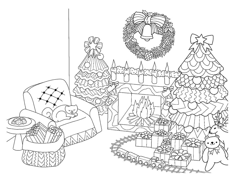 Fireplace and Christmas Trees coloring page