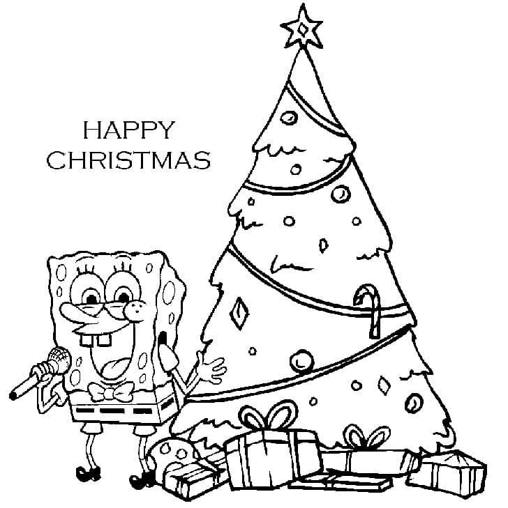Spongebob and Christmas Tree coloring page