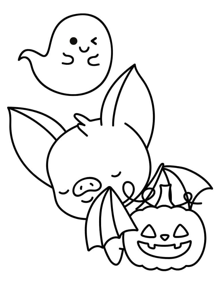 Cute Ghost and Bat coloring page