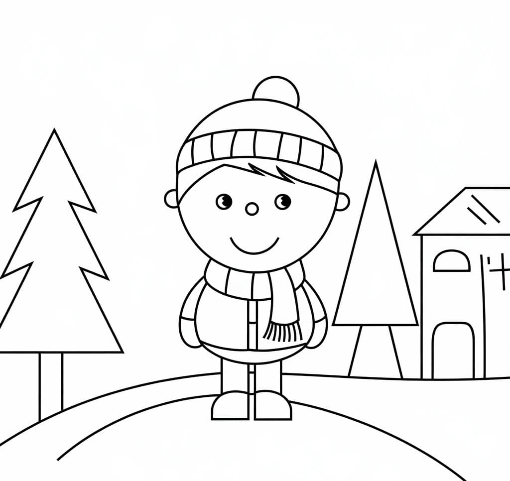 Happy Boy In Winter coloring page