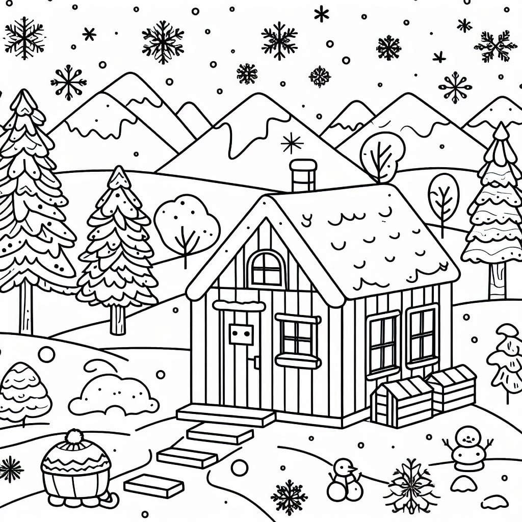 Small House In Winter coloring page