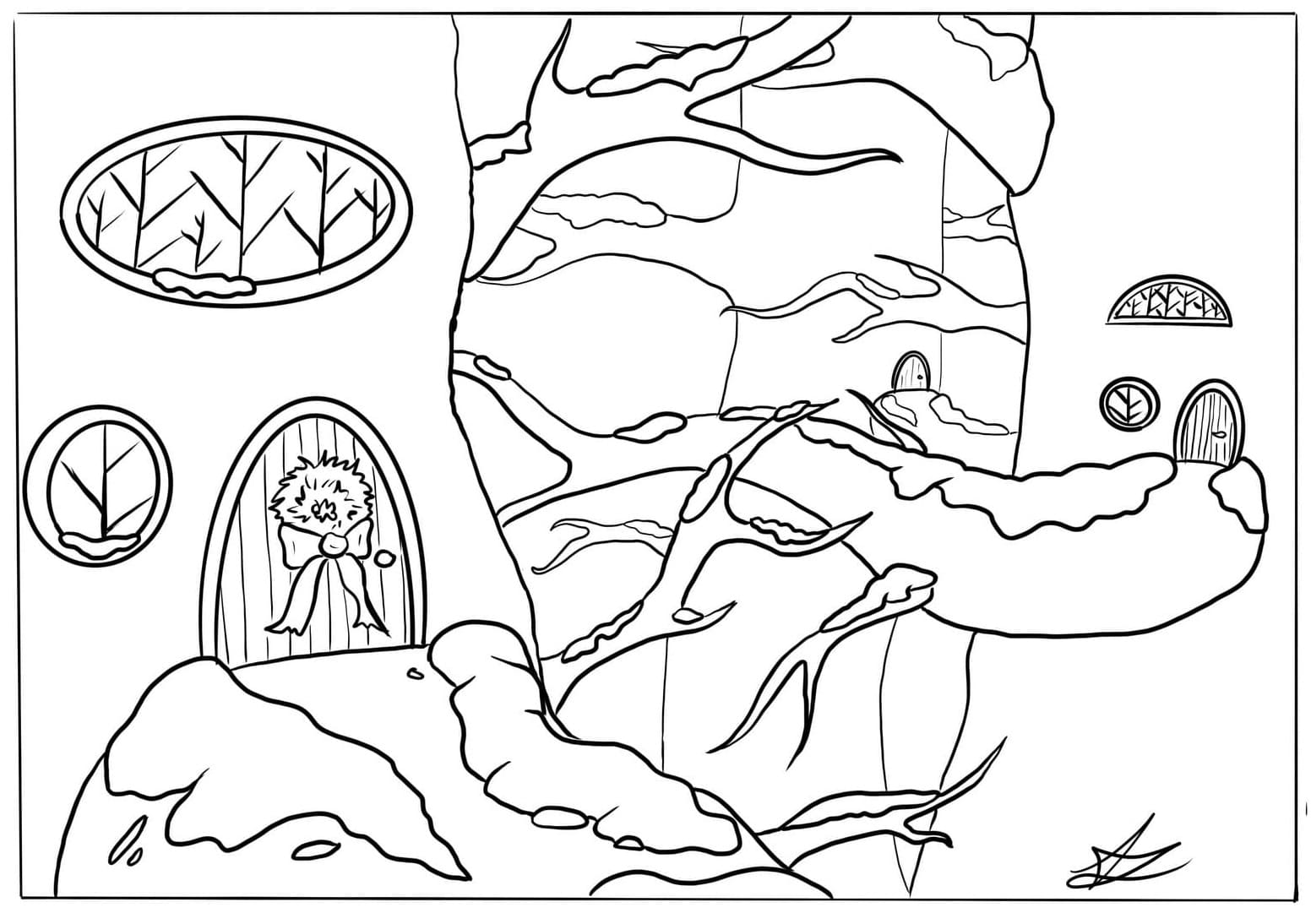 Winter Treehouses coloring page