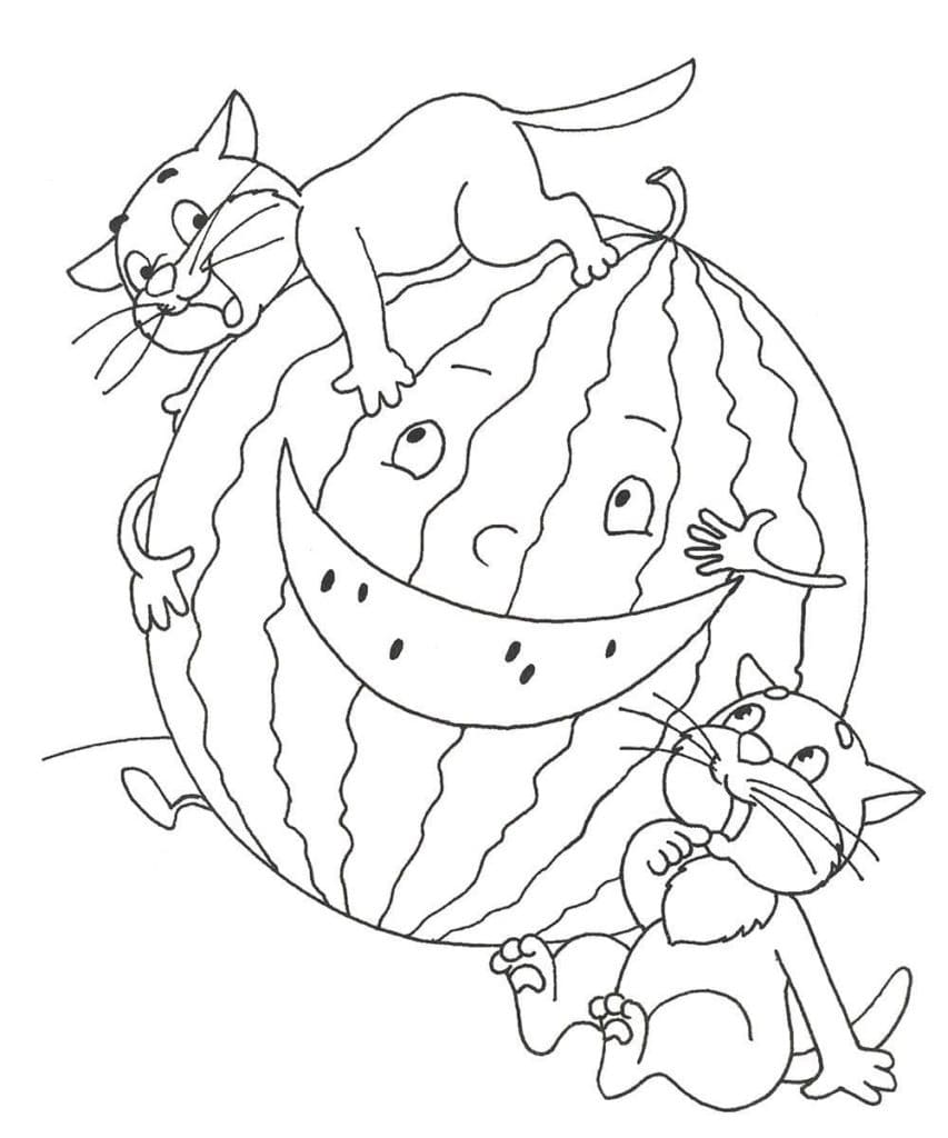 Funny Watermelon and Kittens coloring page