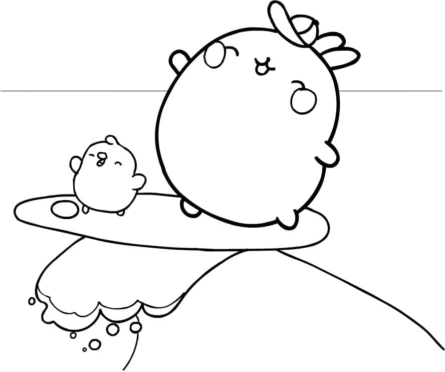 Molang is Surfing coloring page