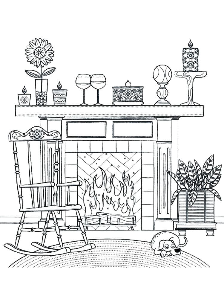 A Dog by the Fireplace coloring page