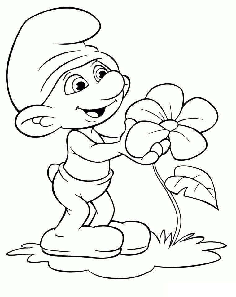 Clumsy Smurf and Flower coloring page