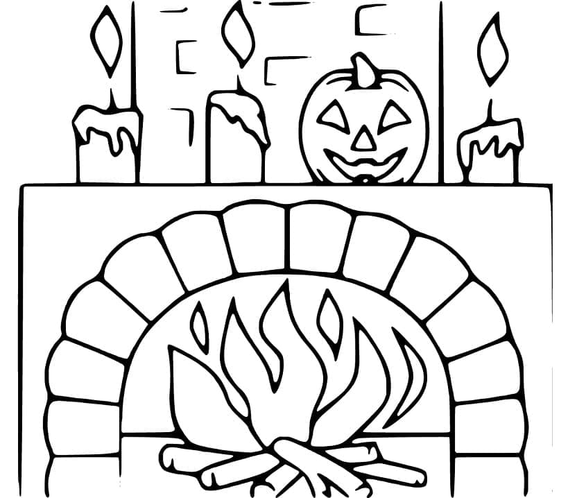 Fireplace on Halloween coloring page