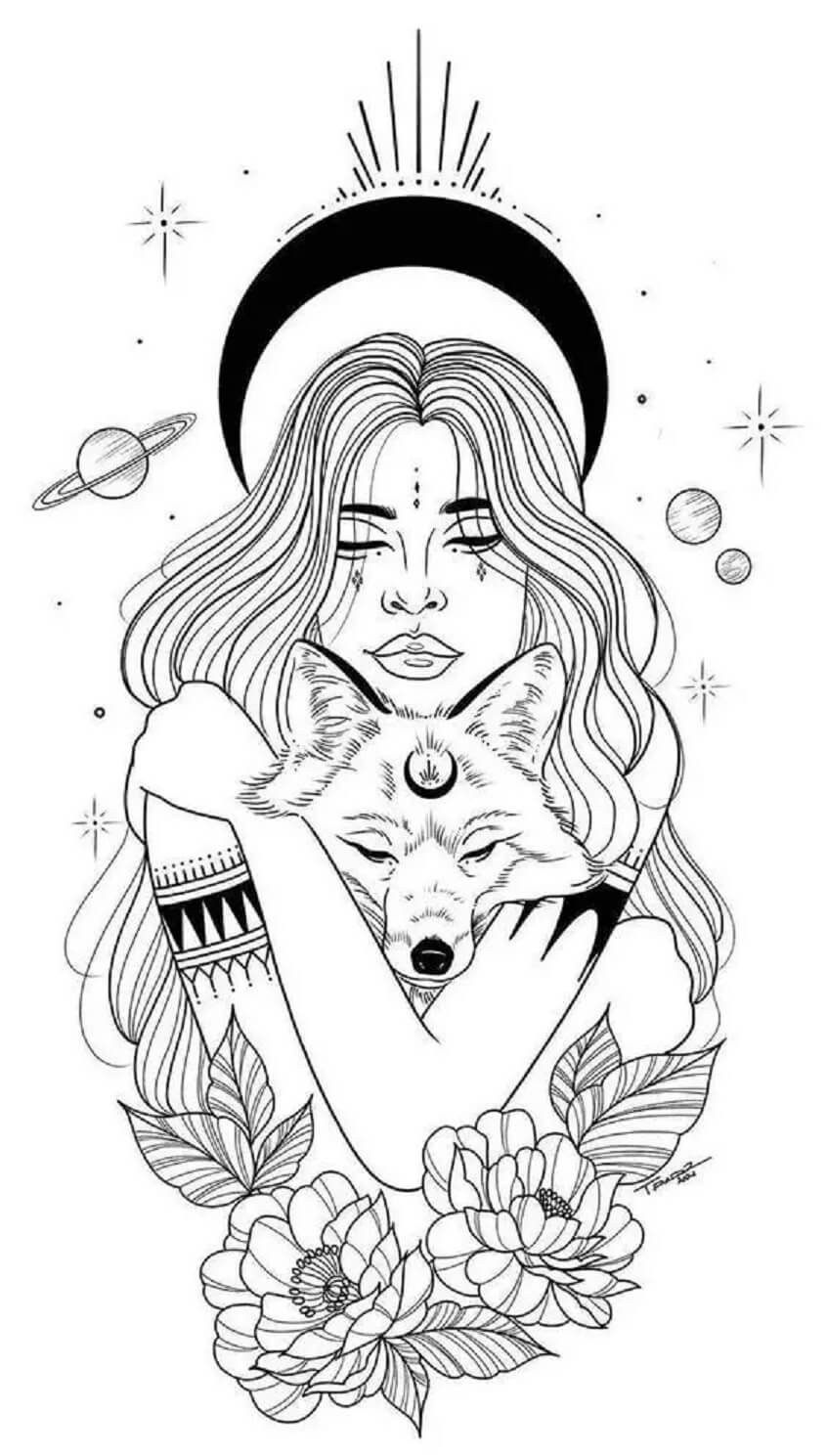 Girl Hugging Wolf Mandala coloring page