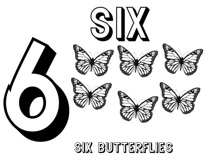 Number 6 with butterflies coloring page