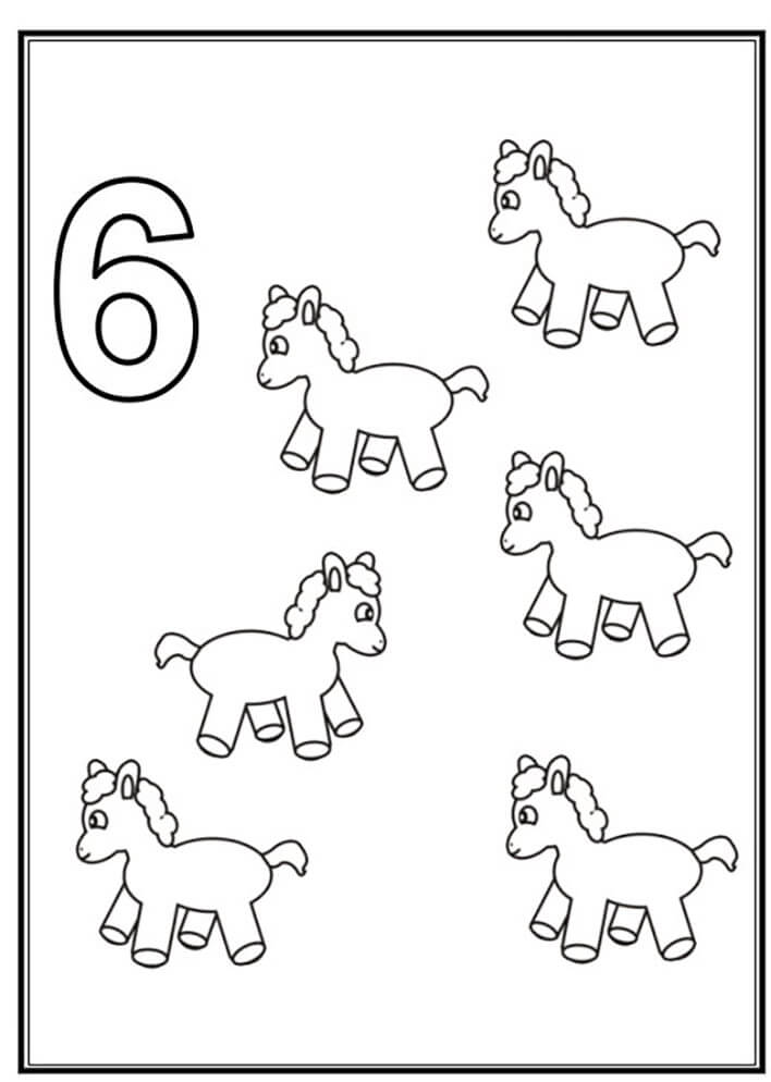 Number 6 with horses coloring page