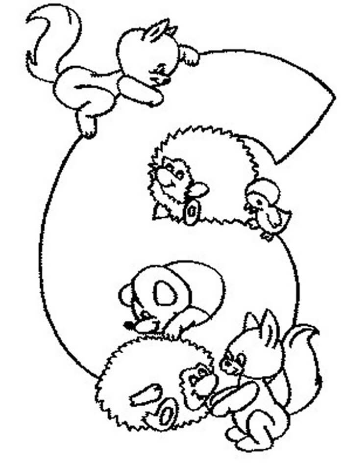 Number 6 with some animals coloring page