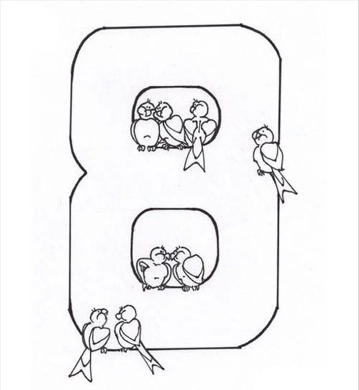 Number 8 with birds coloring page