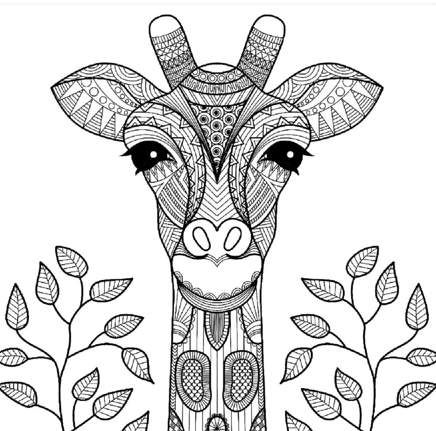 Portrait of Giraffe With Leaves Mandala coloring page