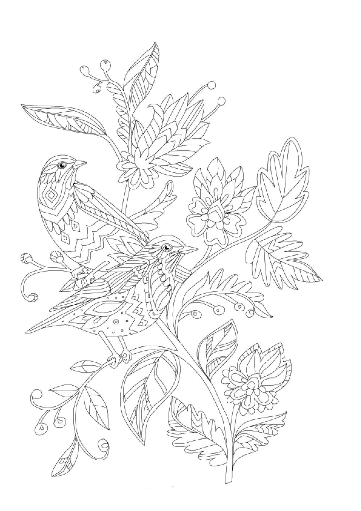 Two Birds on Branch Tree With Butterfly Mandala coloring page