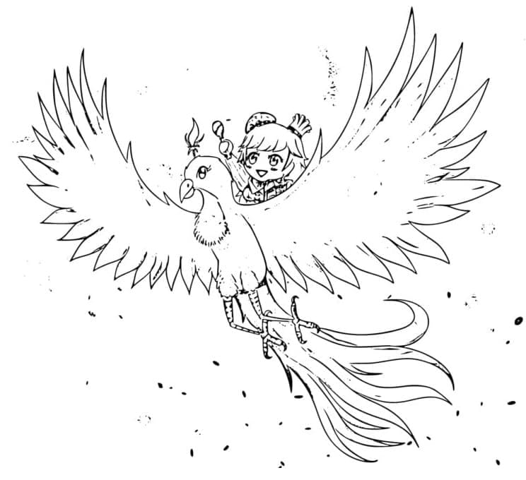 Anime Girl and Phoenix coloring page