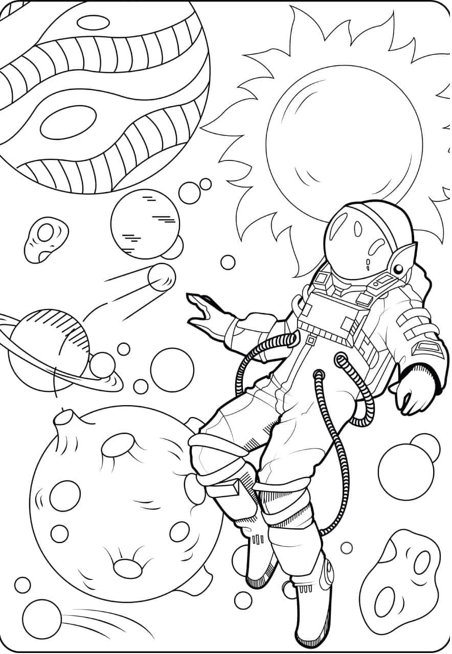 Astronaut and Planets coloring page