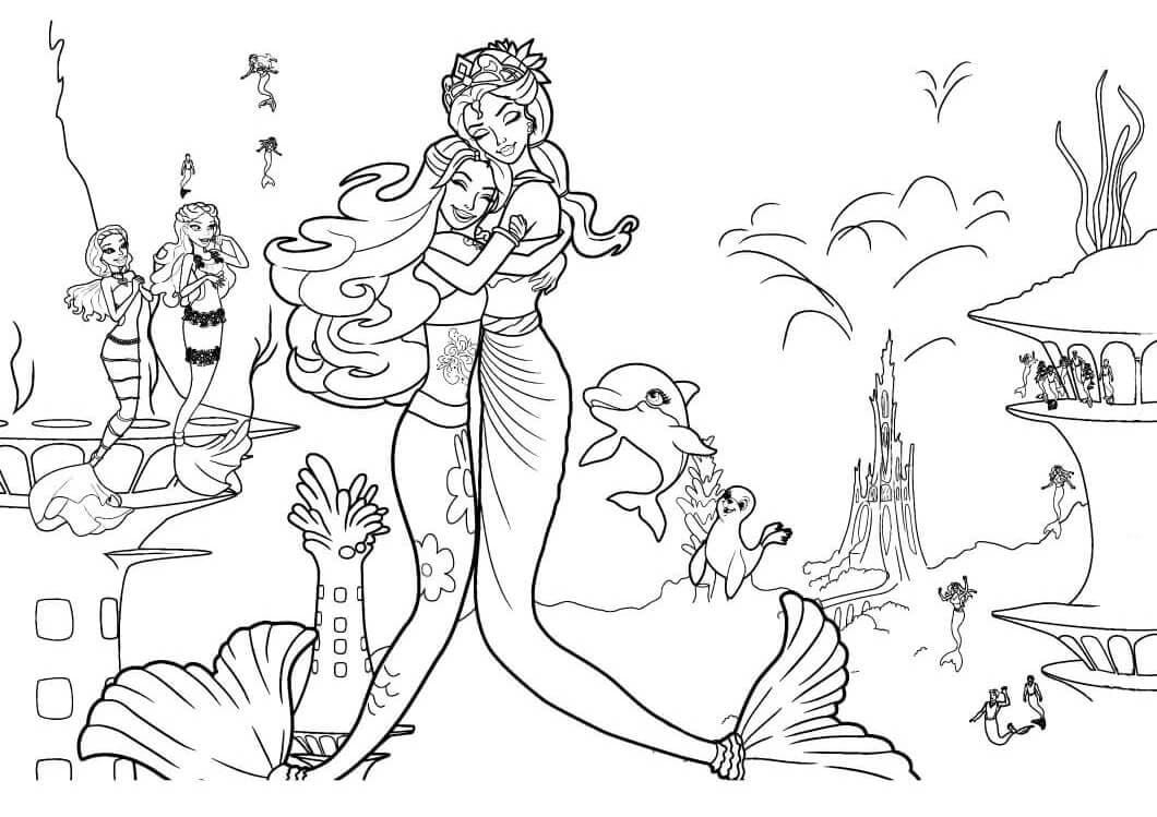 Barbie Mermaid and Queen coloring page