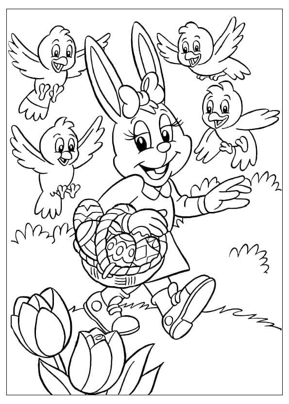 Bunny Holding A Basket Easter Egg With Birds coloring page