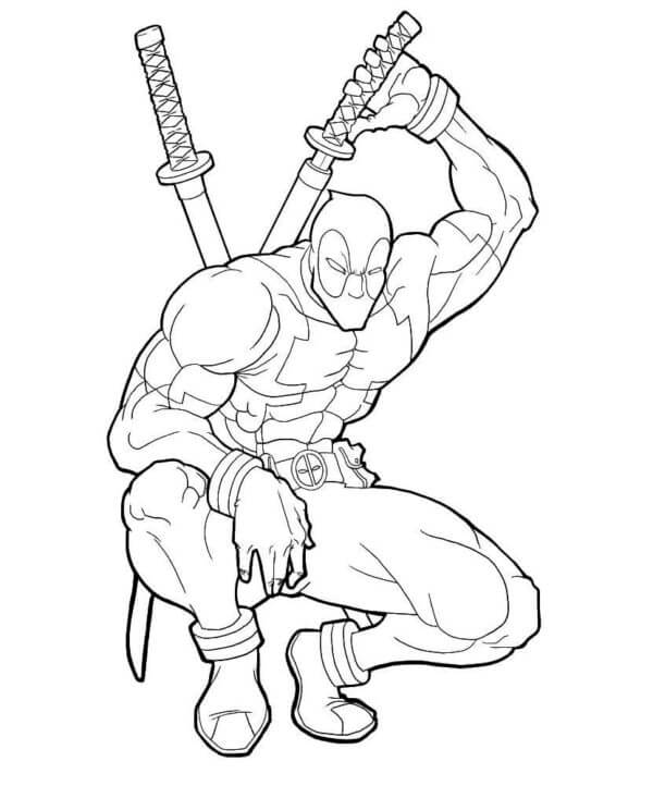 Cool Deadpool With Swords coloring page