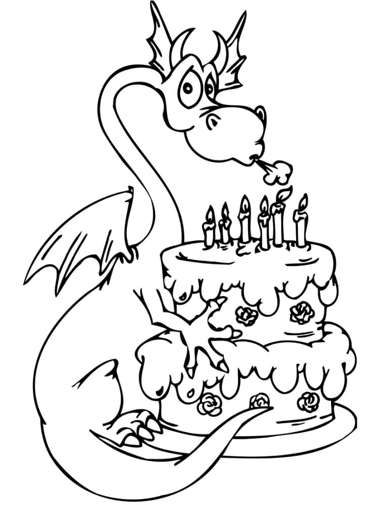 Dragon and Birthday Cake coloring page