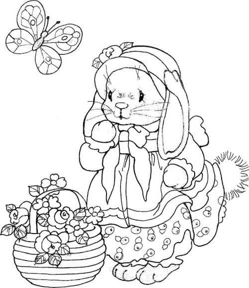 Easter Bunny With Flowers And Butterfly coloring page