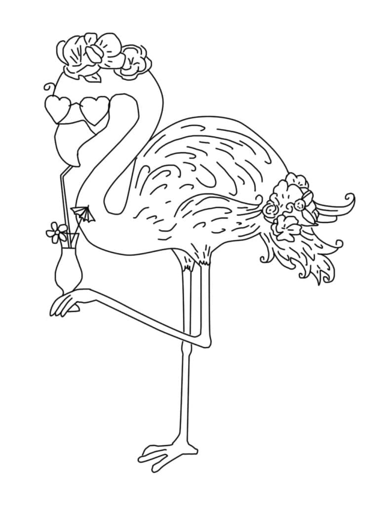 Flamingo is Drinking Cocktail coloring page