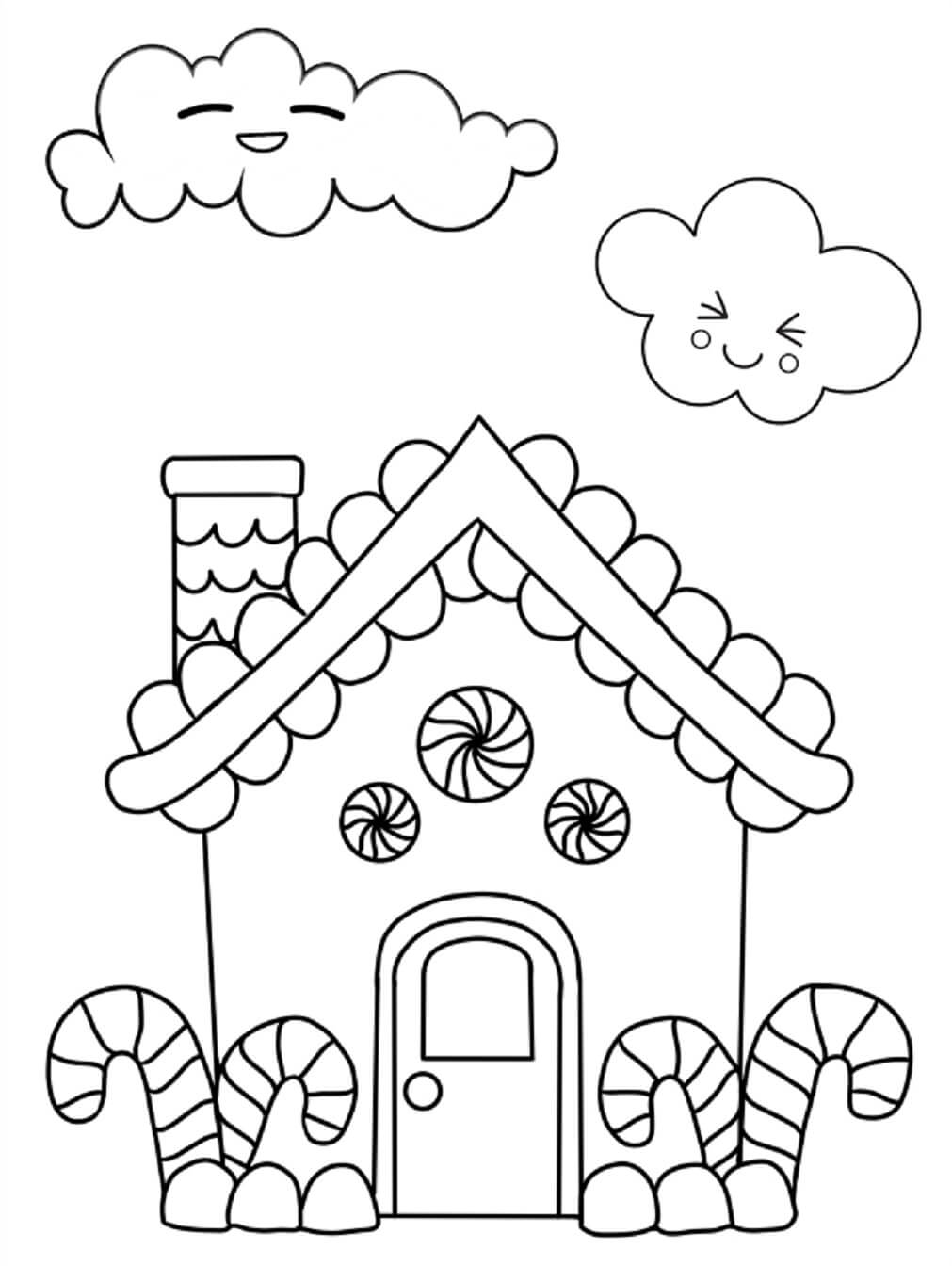 Gingerbread House With Two Fluffy Clouds coloring page