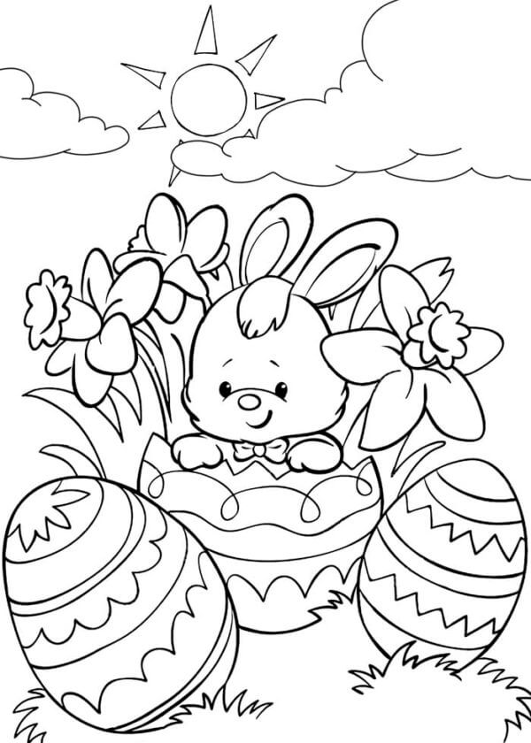 Little Bunny With Easter Egg And Flowers coloring page