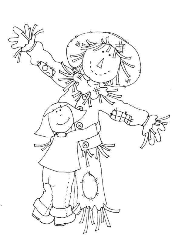 Little Girl Hugs Scarecrow coloring page