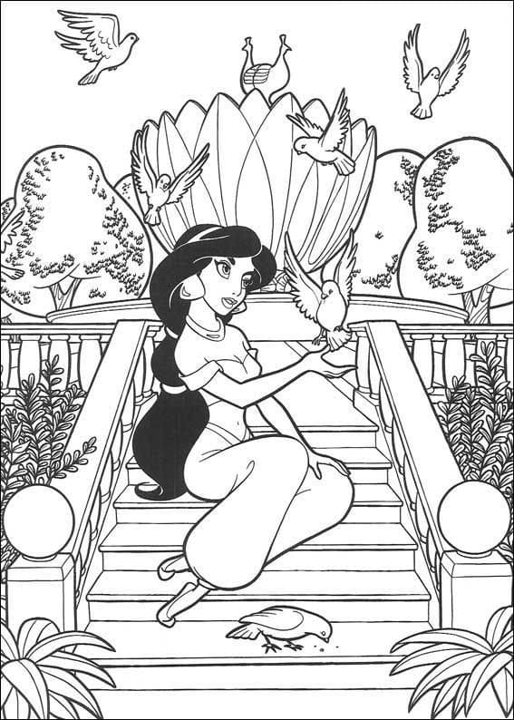 Princess Jasmine and Birds coloring page