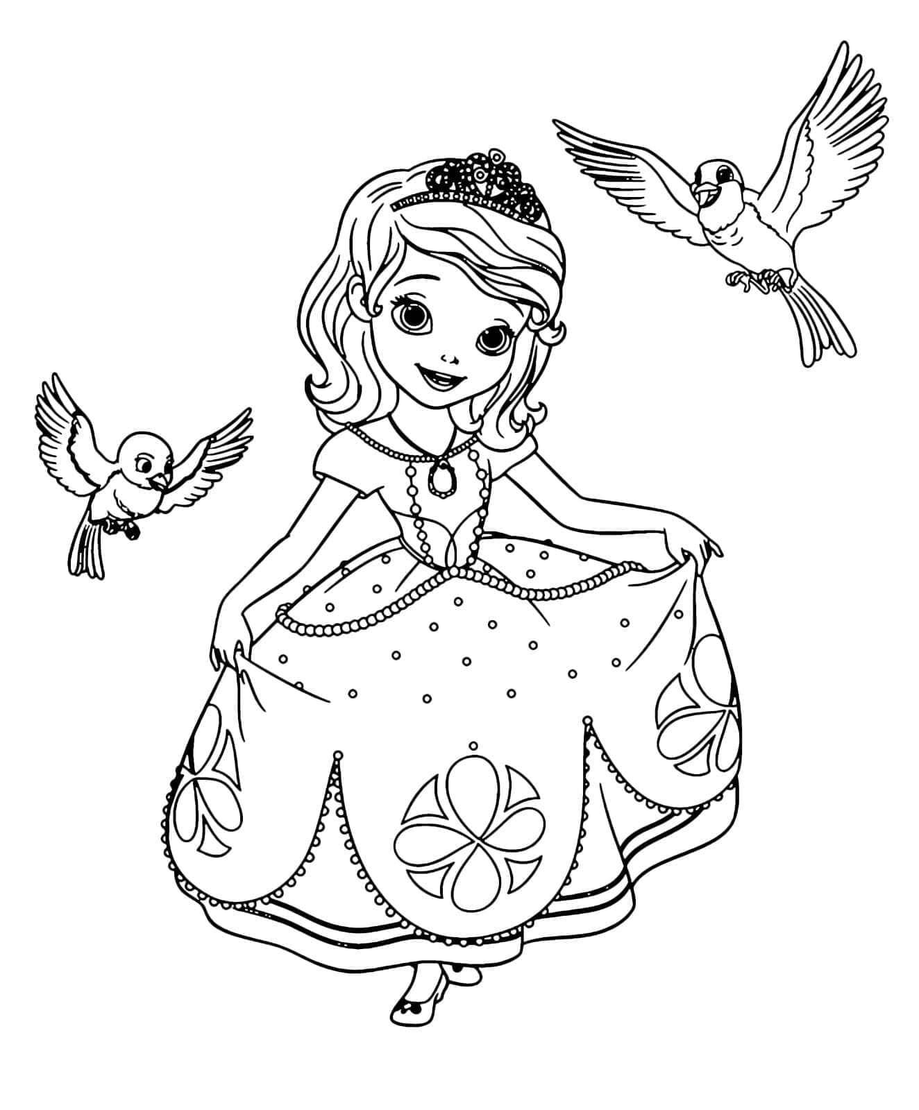 Princess Sofia and Birds coloring page