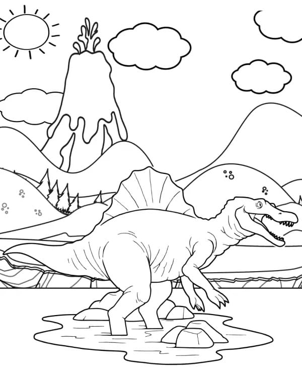 Spinosaurus and Volcano coloring page