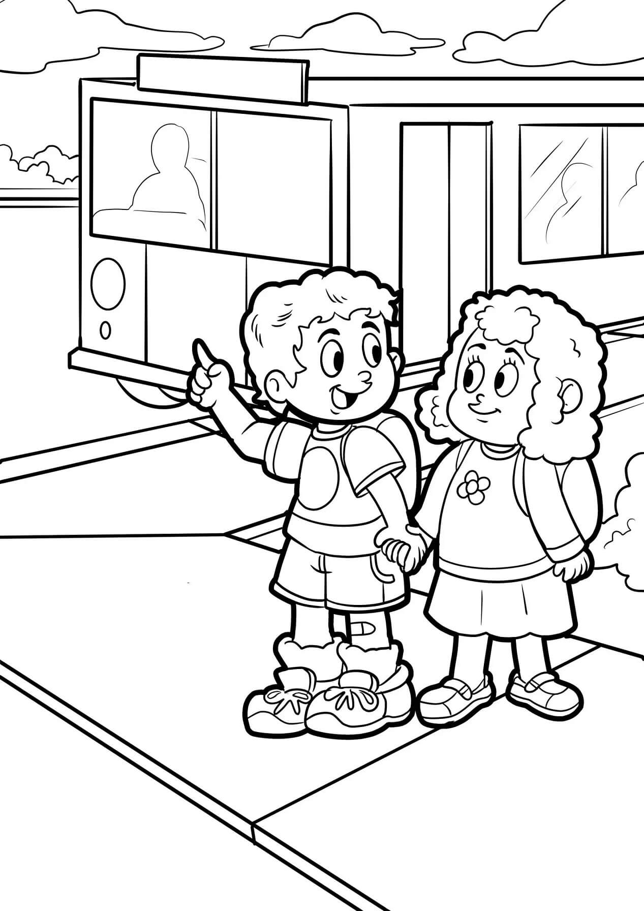 Two Children With A Bus coloring page