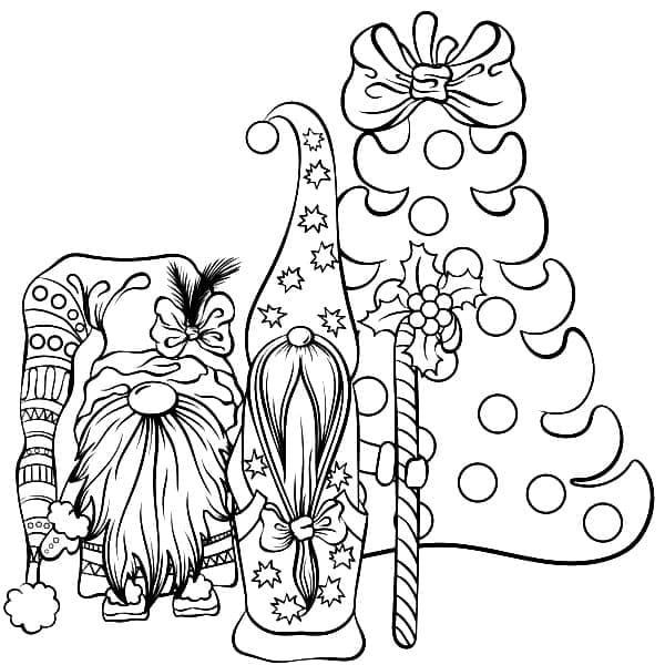 Two Gnomes and Christmas Tree coloring page