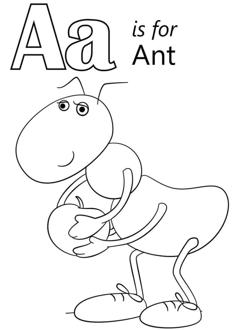 A is for Ant holding Apple coloring page