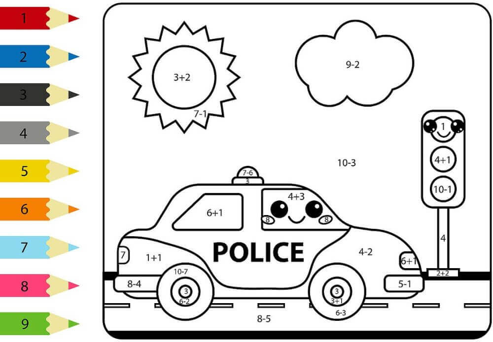 Adorable Police Car Color By Number coloring page