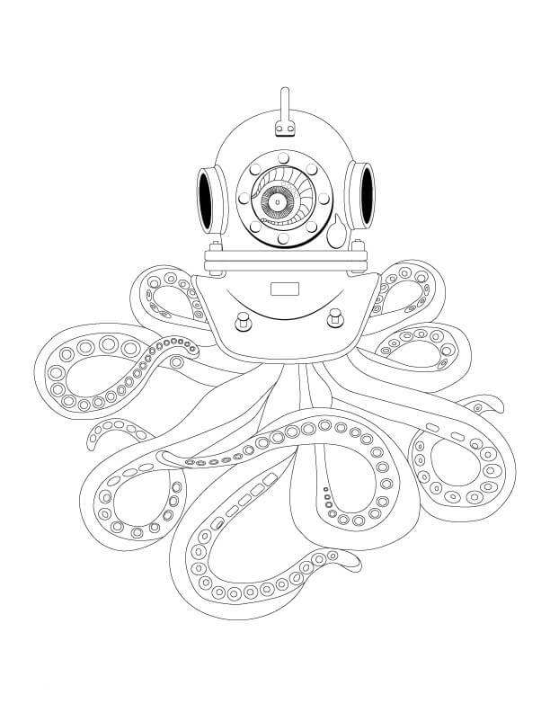 Antique Scuba Helmet Wearing Octopus coloring page