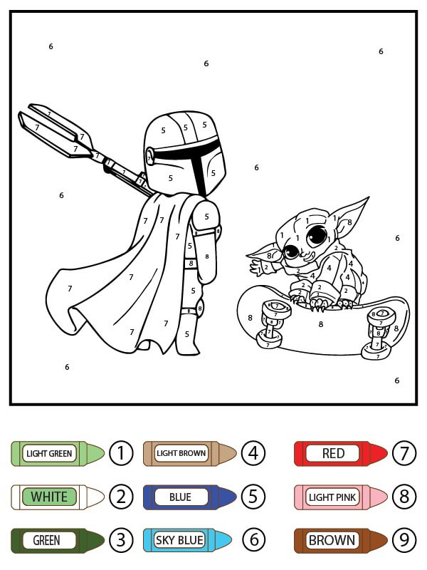 Baby Yoda Skateboard And Character in Star War Color By Number coloring page