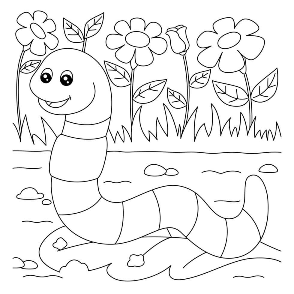 Fun Worm With Flowers coloring page