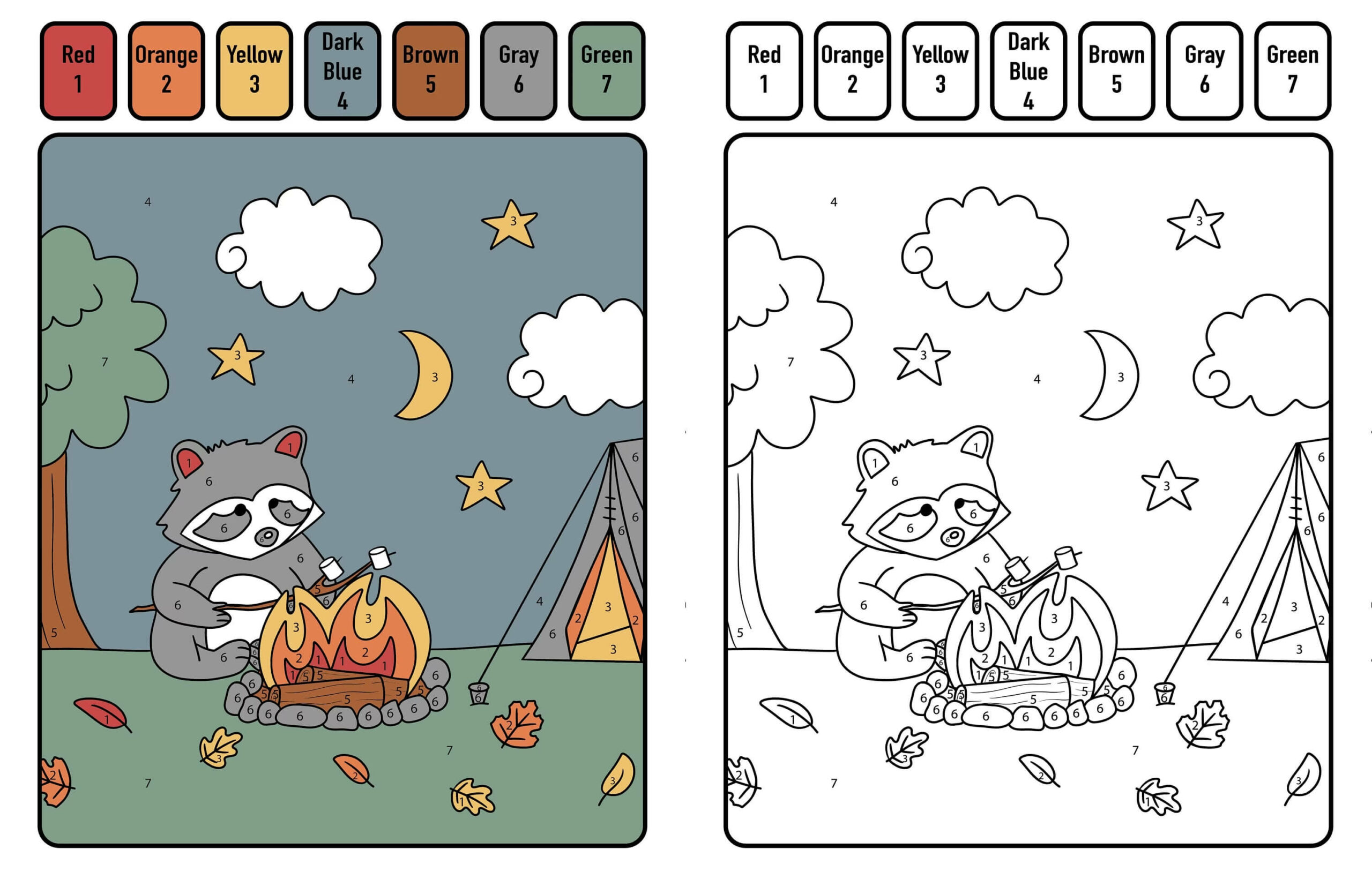 Raccoon Camping Color By Number coloring page