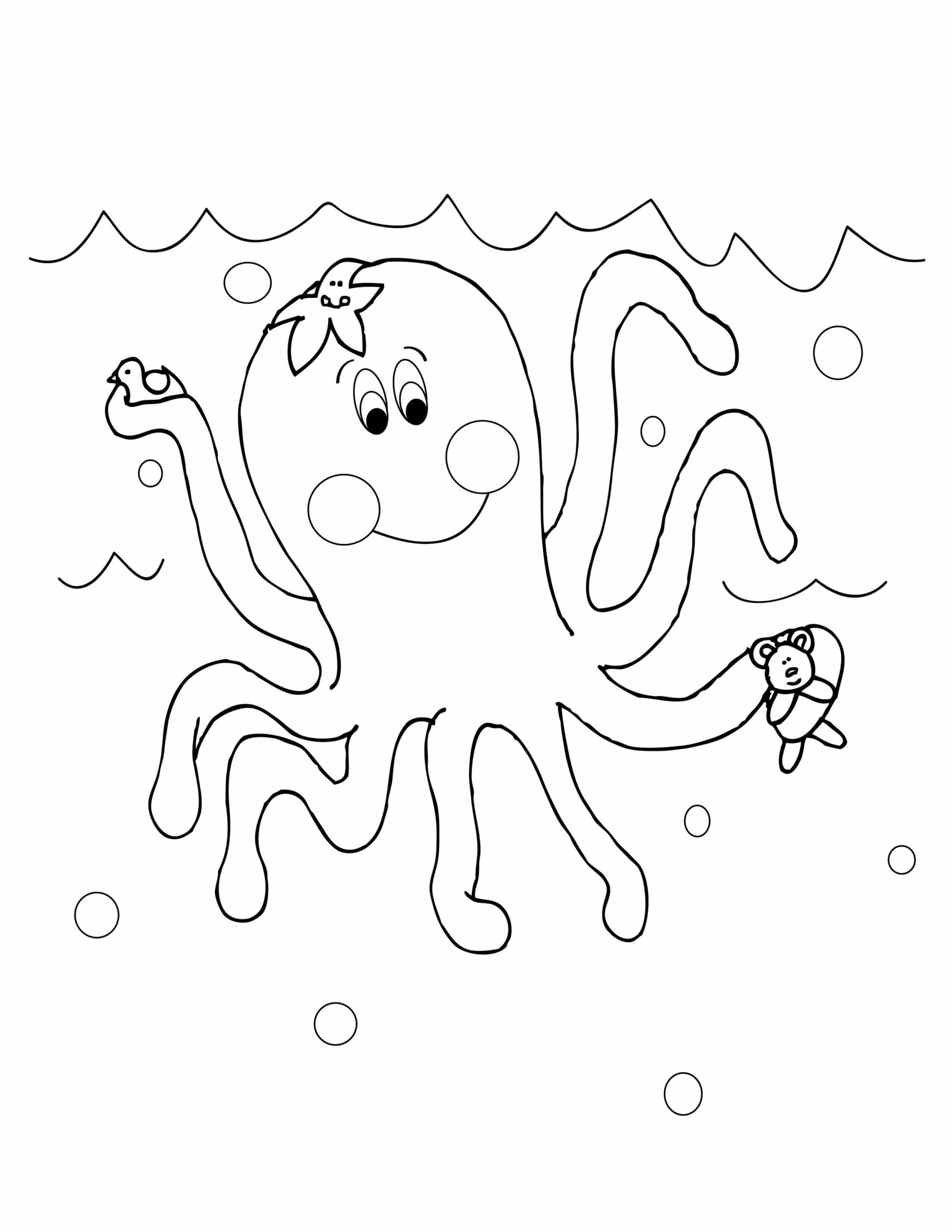 Smiling Octopus Holding Teddy Bear coloring page