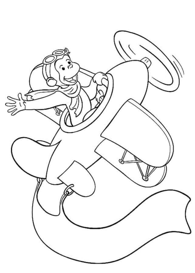 A Monkey Soars In The Sky On An Airplane coloring page