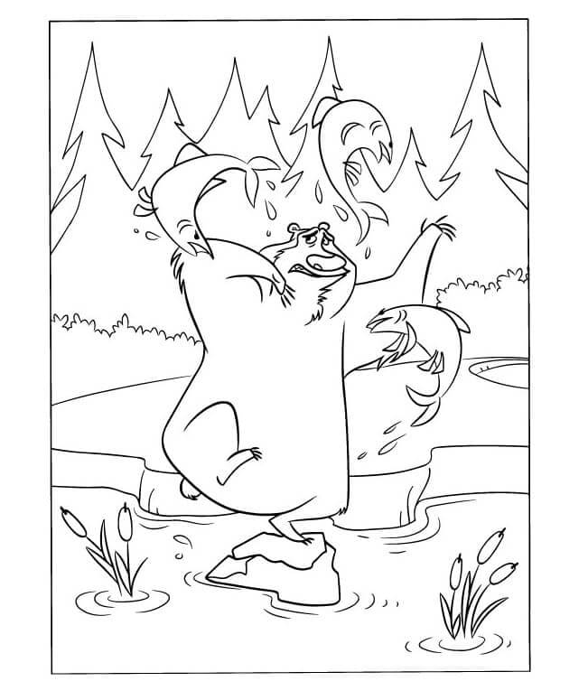 Bear And Fish In The Forest coloring page