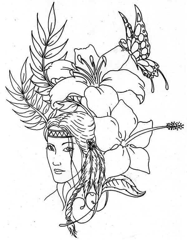 Beautiful Indian Girl Between Flowers coloring page