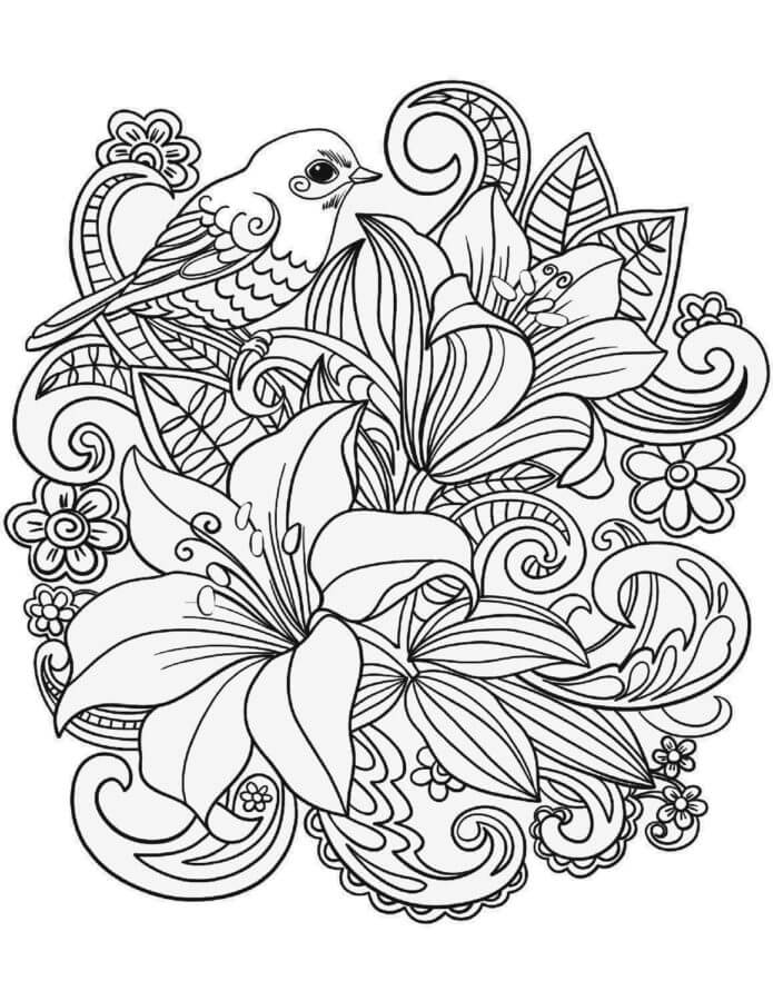 Bird And Lilies Relaxing coloring page