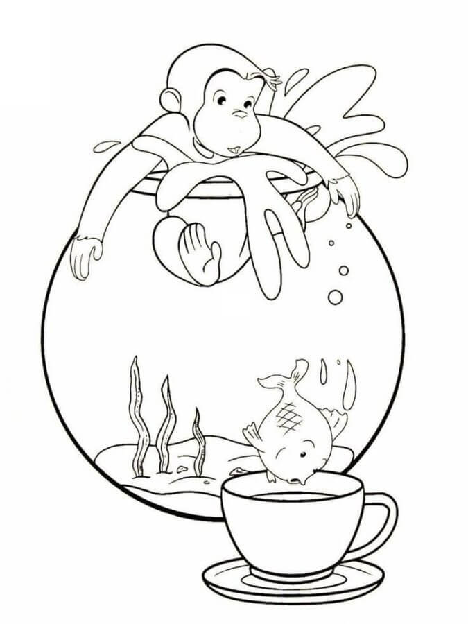 Curious George With Fish coloring page