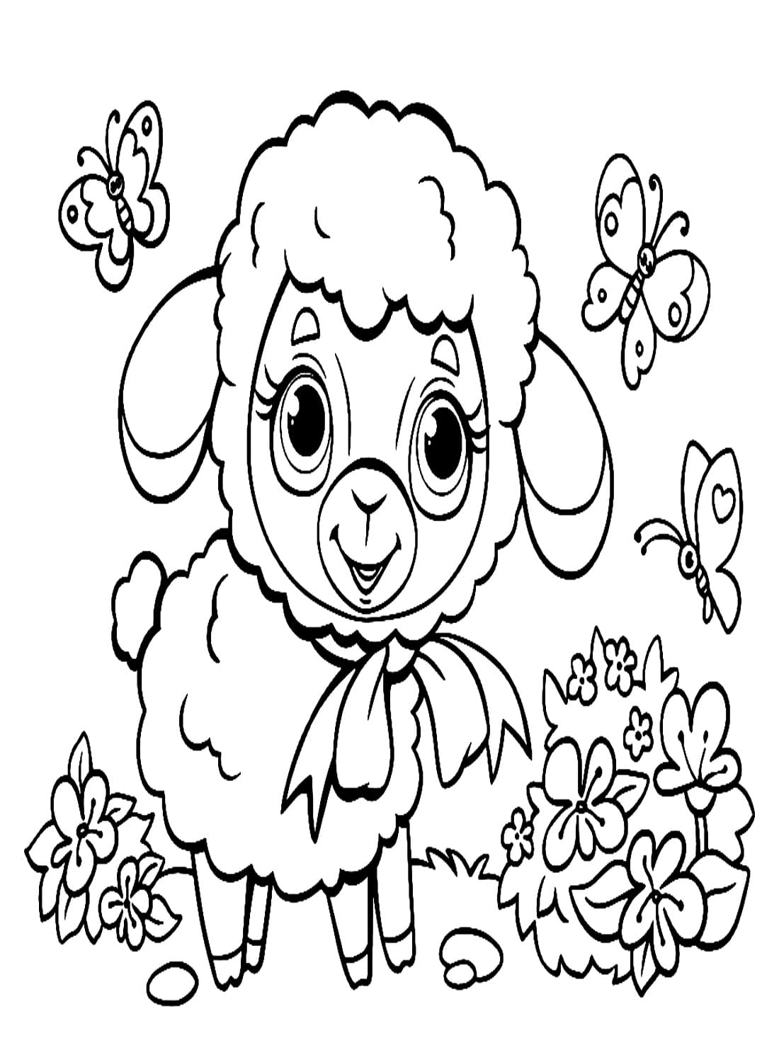 Cute Lamb and Butterflies coloring page