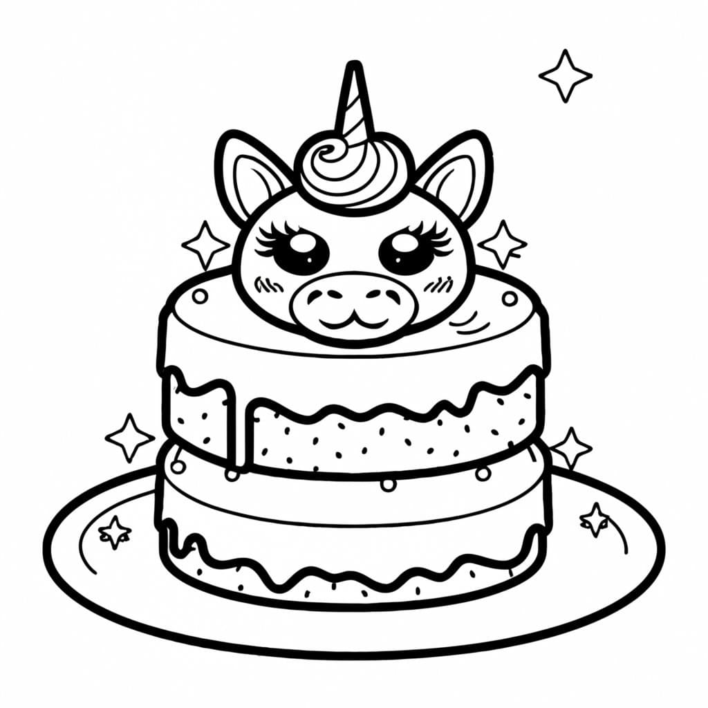 Cute Unicorn Cake For Kids coloring page