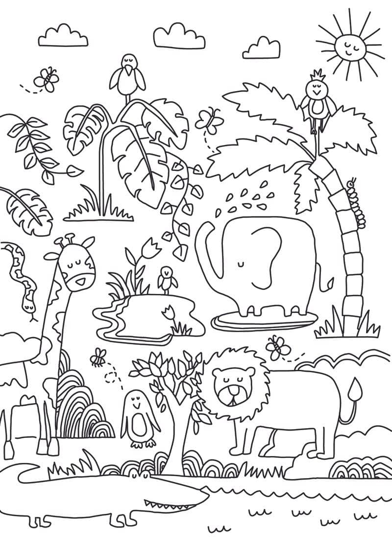 cute jungle animals coloring page