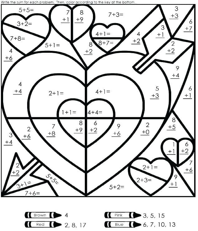 Heart Addition Color by Number coloring page